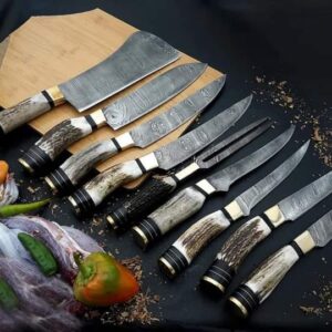 Custom Gift Set of Handmade Damascus Steel Chef Knives – 7pc Deer Antler Handle Set, Stag Antler Knives, Wedding Gift, Anniversary Gift, USA
