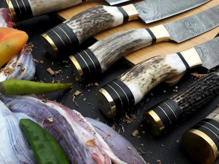 Custom Gift Set of Handmade Damascus Steel Chef Knives – 7pc Deer Antler Handle Set, Stag Antler Knives, Wedding Gift, Anniversary Gift, USA - Image 3