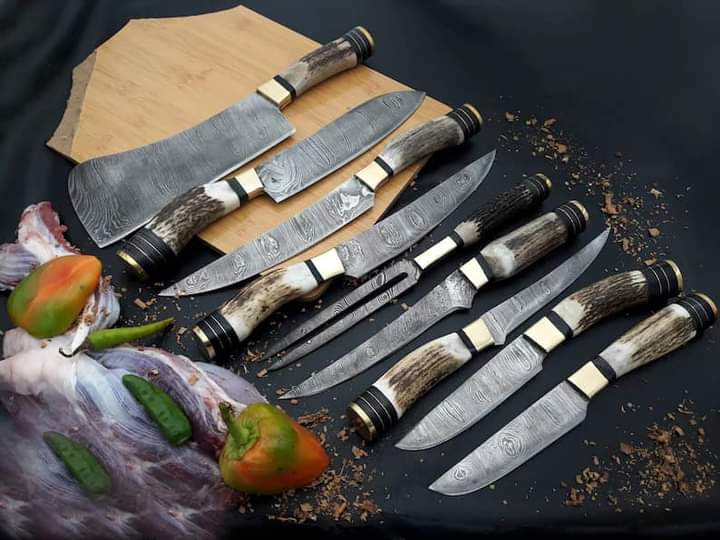 Custom Gift Set of Handmade Damascus Steel Chef Knives – 7pc Deer Antler Handle Set, Stag Antler Knives, Wedding Gift, Anniversary Gift, USA - Image 4