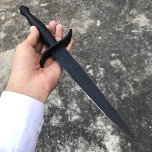 British Army Commando Dagger Knife Black Powder Coated Carbon Steel, Leather Sheath