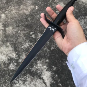 British Army Commando Dagger Knife Black Powder Coated Carbon Steel, Leather Sheath