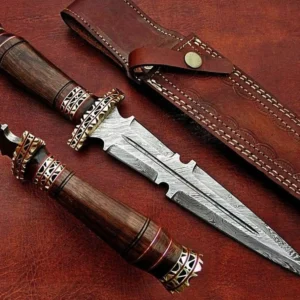 Custom Handmade Damascus Steel Dagger Hunting Knife,Double Edge Dagger Knife With Leather Sheath