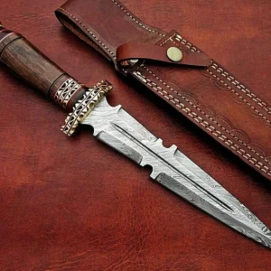 Custom Handmade Damascus Steel Dagger Hunting Knife,Double Edge Dagger Knife With Leather Sheath