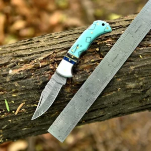 Custom Handmade Damascus Steel Folding Pocket Knife with Leather Sheath