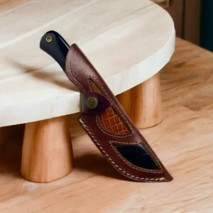 Damascus Steel Skinner Knife Black Horn Handle, Leather Sheath