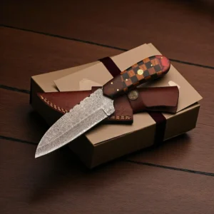 Hand Forged 32 Layer Damascus Skinner 9″ Full Tang Hunting Knife with Rosewood/Kau Wood Handle & Leather Sheath EDC Camping Bushcraft