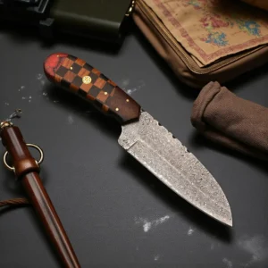 Hand Forged 32 Layer Damascus Skinner 9″ Full Tang Hunting Knife with Rosewood/Kau Wood Handle & Leather Sheath EDC Camping Bushcraft