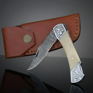 Hand-Forged Damascus Steel Pocket Knife | Personalized Engraved Folding Knife with Leather Sheath | Handmade Gift for Him, Husband & Father