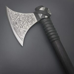 Hand-Forged Damascus Steel Viking Axe, Camping Hatchet, Leather Sheath