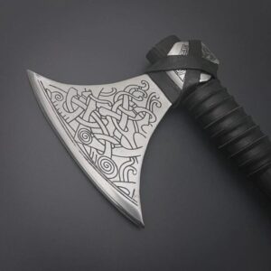 Hand-Forged Damascus Steel Viking Axe, Camping Hatchet, Leather Sheath