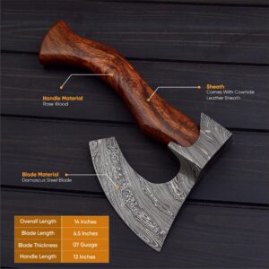 Hand-Forged Damascus Viking Axe, Curved Rosewood Handle with Leather Sheath