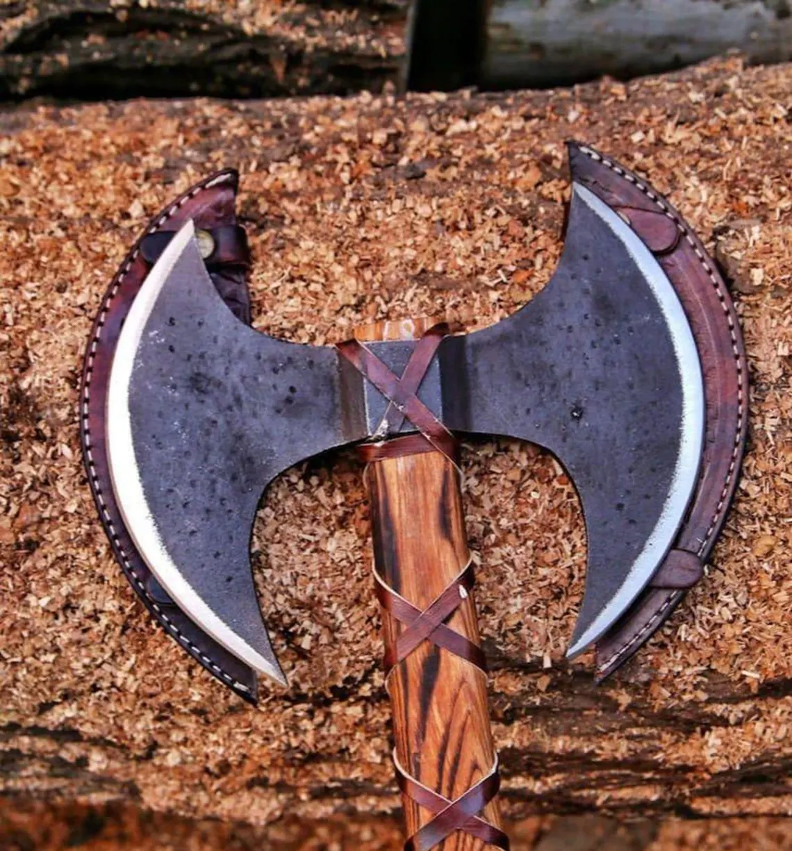 Hand Forged Double Headed Viking Axe Bearded Carbon Steel Blade - Image 2