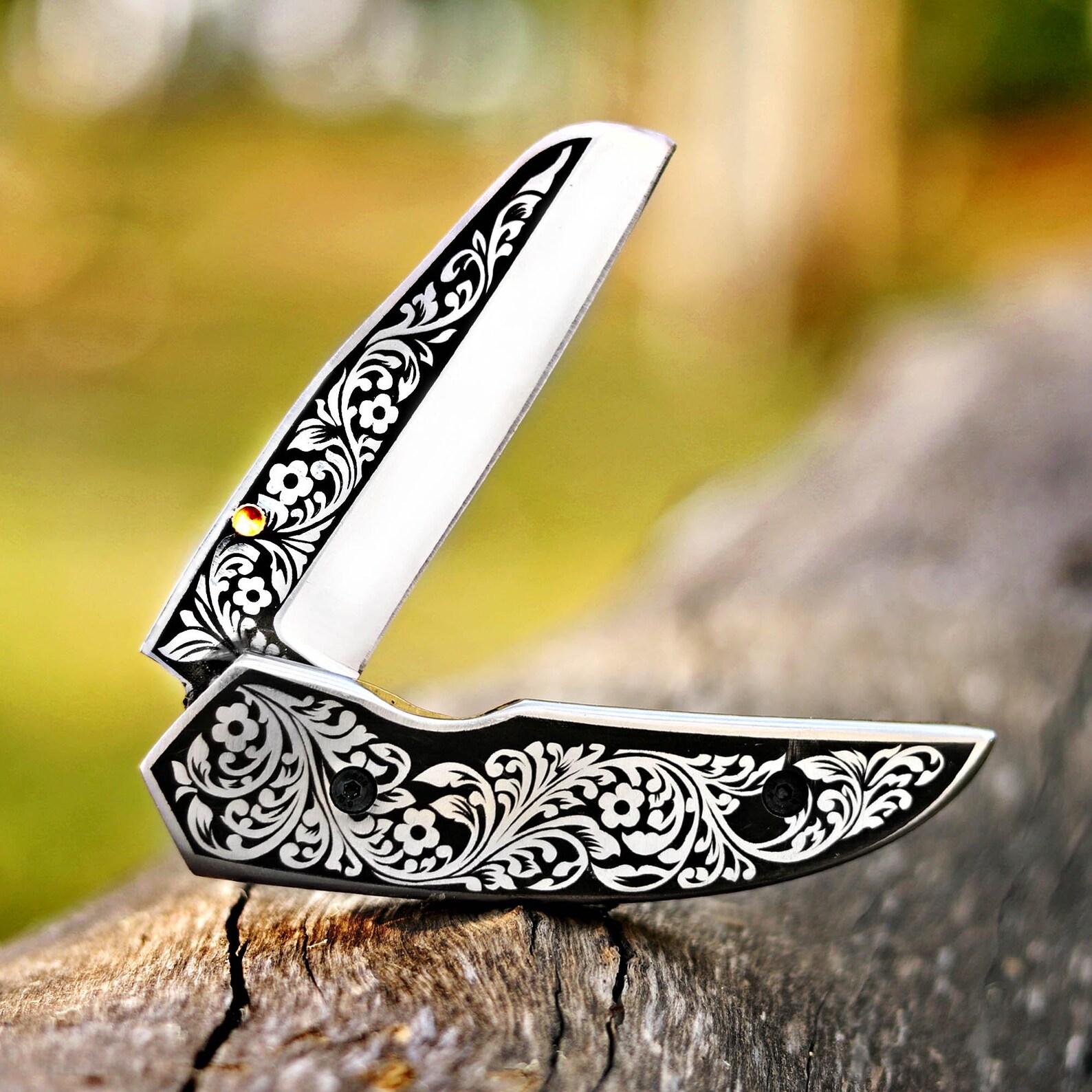 Handcrafted Foldable Knife: Laser-Engraved Floral Pattern, Leather Sheath - Image 2