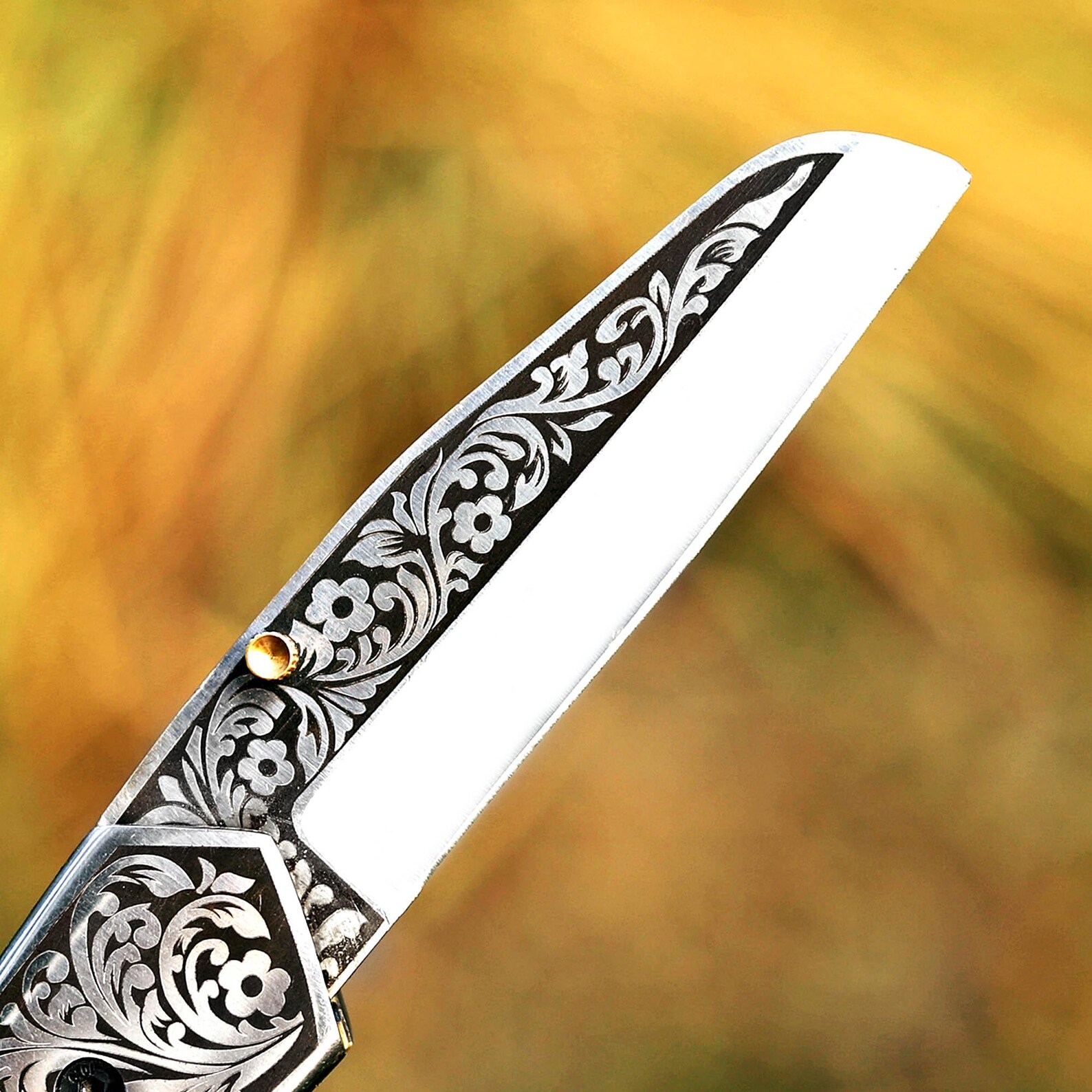 Handcrafted Foldable Knife: Laser-Engraved Floral Pattern, Leather Sheath - Image 4