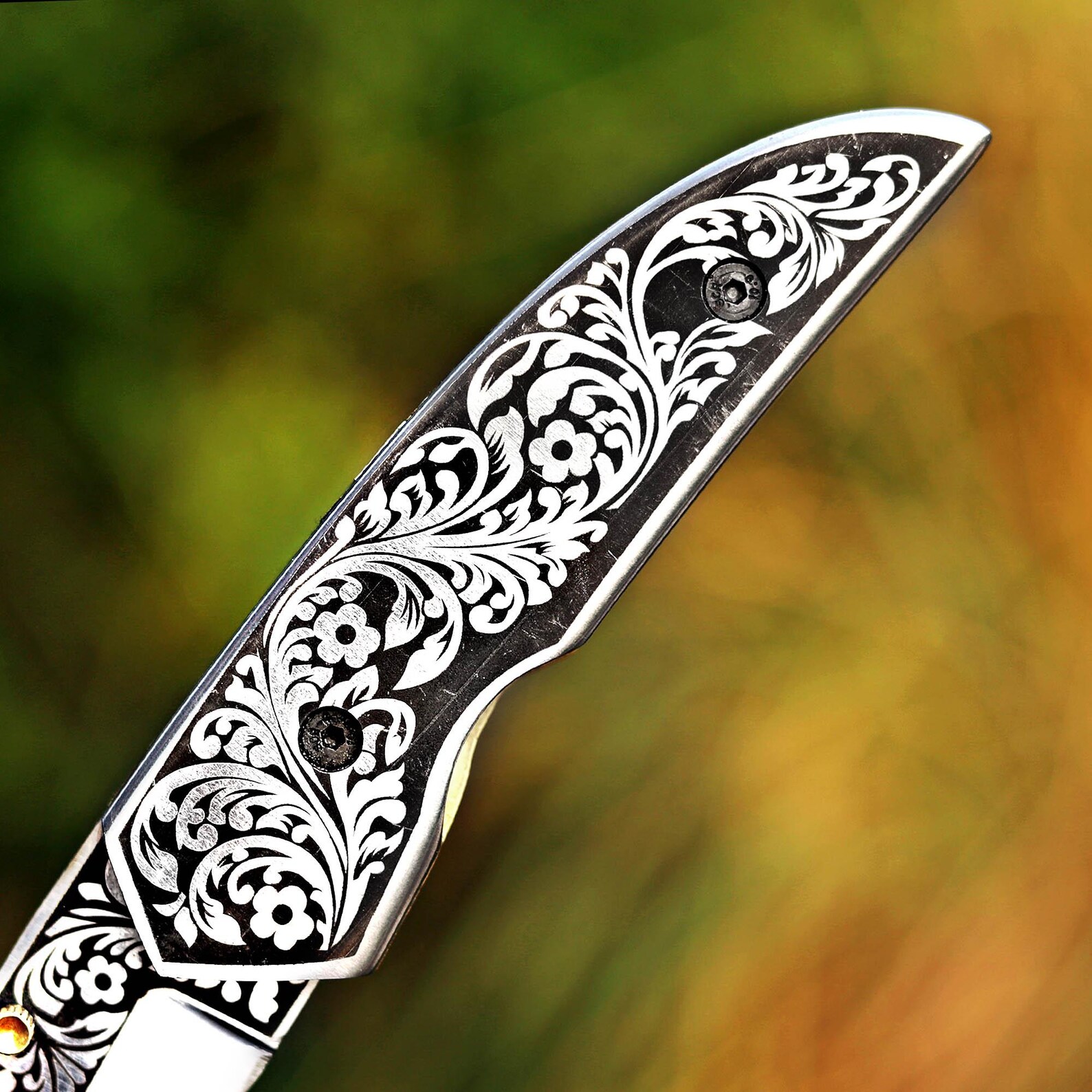 Handcrafted Foldable Knife: Laser-Engraved Floral Pattern, Leather Sheath - Image 5
