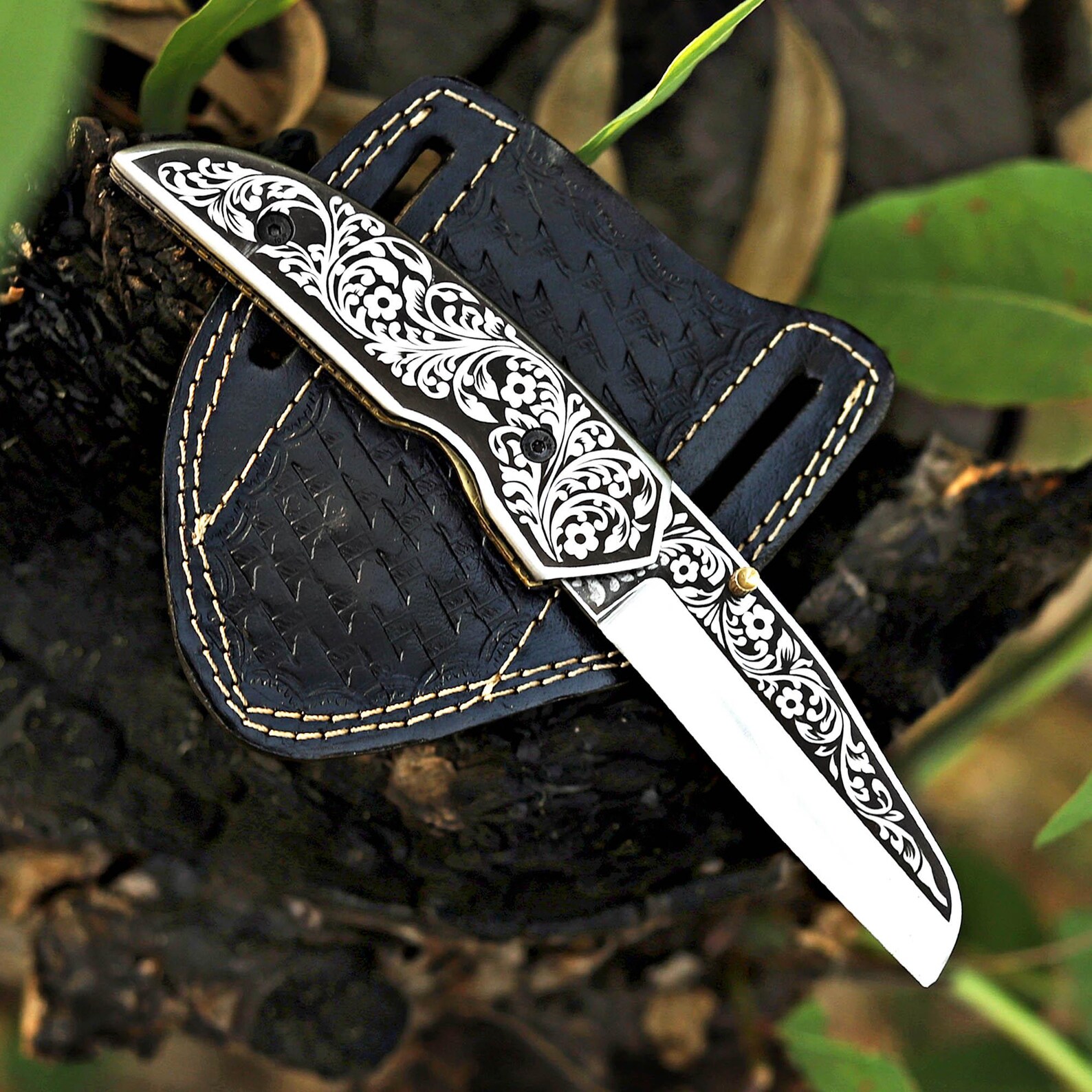 Handcrafted Foldable Knife: Laser-Engraved Floral Pattern, Leather Sheath - Image 7