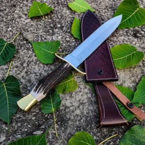 Handmade D2 Steel Dagger Knife with Stag Handle and Beautiful Cow Hide Leather Sheath