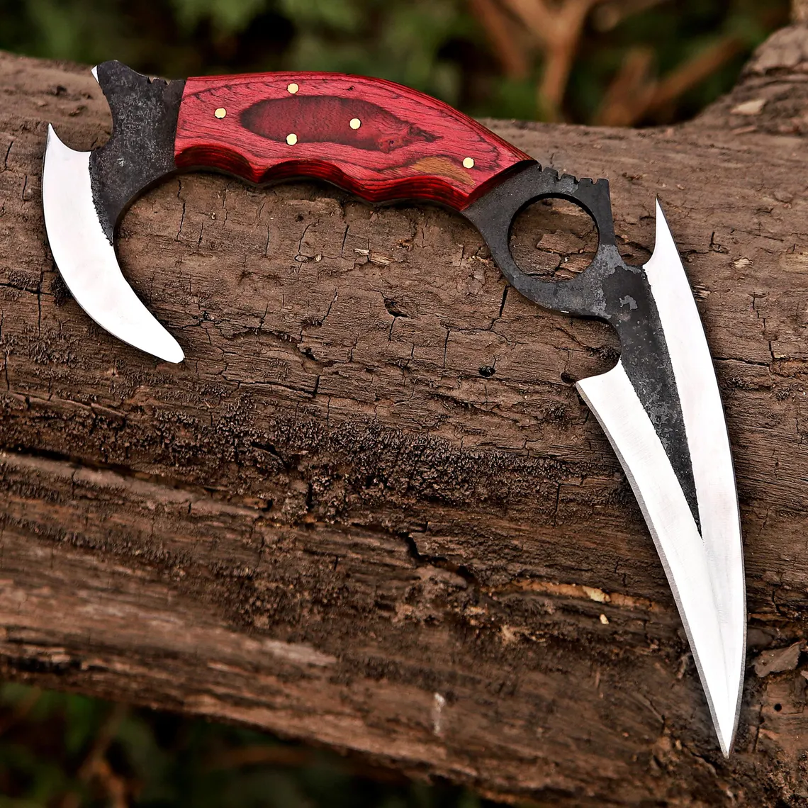Handmade D2 Steel Karambit Knife Wood Handle & Leather Sheath - Image 5