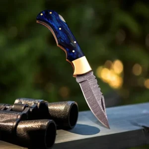 Handmade Damascus Pocket Knife Pakka Blue Handle Leather Sheath Birthday Gift Folding Knife Wedding Anniversary Personalized Gift For Men