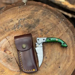 Handmade Damascus Steel Folding Knife – Green Wood Handle, Leather Sheath