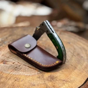 Handmade Damascus Steel Folding Knife – Green Wood Handle, Leather Sheath