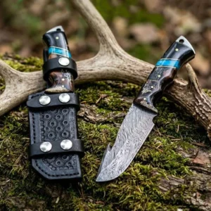 Handmade Damascus Steel Gut Hook Skinner Knife | Hunting Blade | Fixed Blade Outdoor Knife w/Leather Sheath| Custom Valentine’s Gift for Him