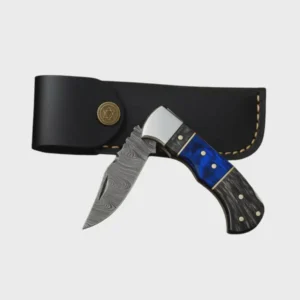 Handmade Damascus Steel Pocket Knife, Premium Folding Knife with Leather Sheath