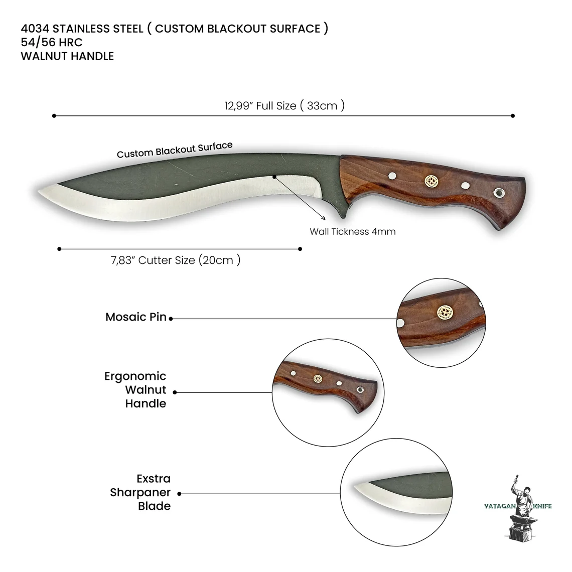 Handmade Gurkha Kukri Knife: Full Tang Blade, Walnut Grip, Custom Engraved - Image 4
