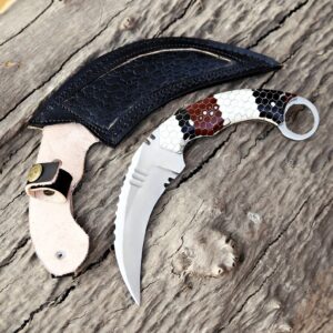 Handmade J2 Steel Karambit Knife: Honey Comb Resin Handle, Italian Leather Sheath