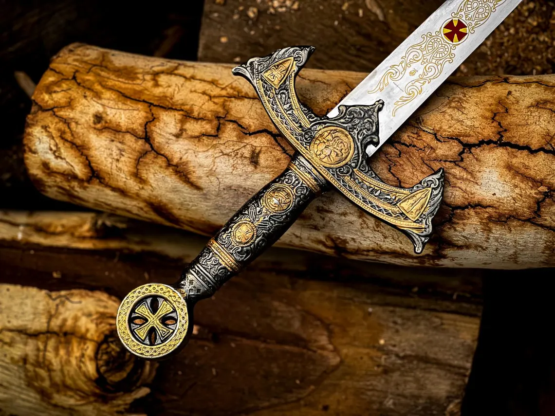Handmade Knights Templar Stainless steel sword with leather sheath, Medieval sword, Collectibles, Fantasy sword for him, Wall Hanging sword - Image 3