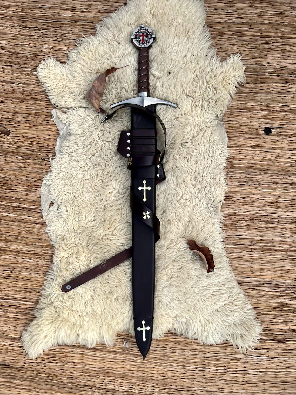 Templar Knight Crusader Sword – Handmade Collectible Sword with Inscribed Blade, Leather Handle & Display Scabbard - Image 6
