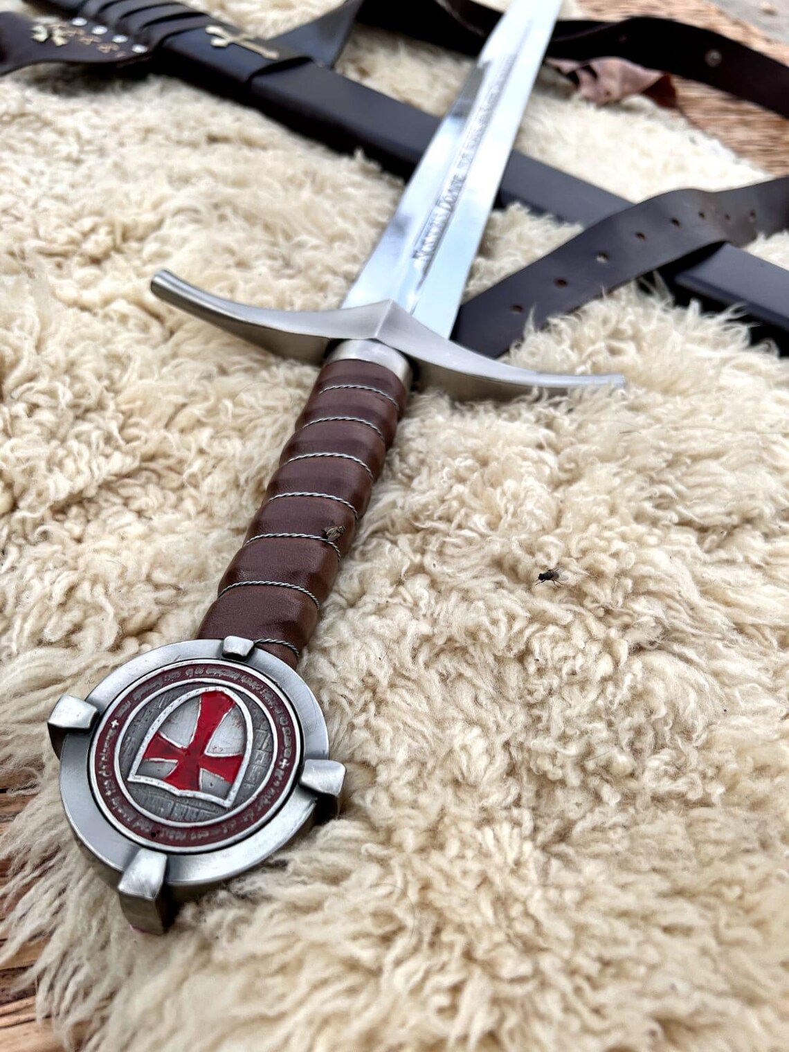 Templar Knight Crusader Sword – Handmade Collectible Sword with Inscribed Blade, Leather Handle & Display Scabbard - Image 3